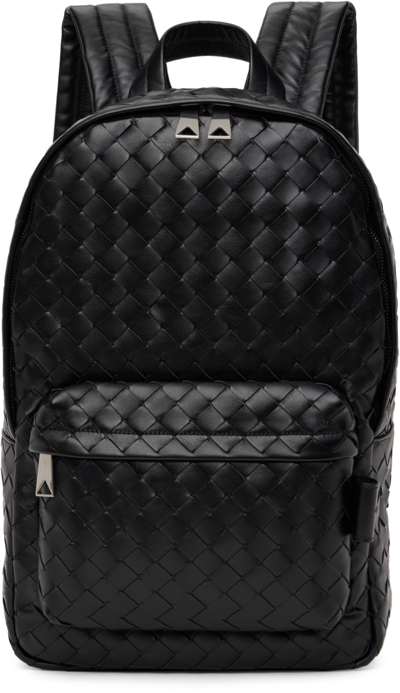 Shop Bottega Veneta Black Intrecciato Leather Backpack In 8803 Blacksilver