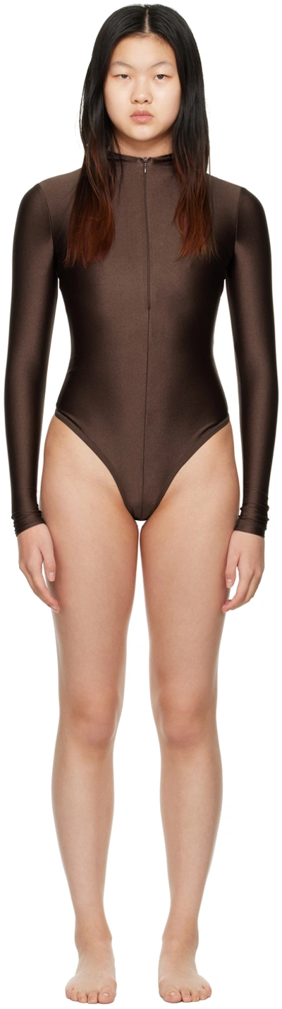 Shop Skims Brown Disco Long Sleeve Bodysuit In Cocoa