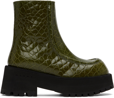 Shop Marni Green Croc-embossed Platform Ankle Boots In 00v88 Dark Teal