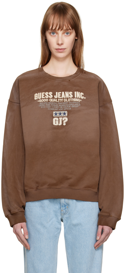 Shop Guess Jeans U.s.a. Brown Embroidered Sweatshirt In A118 Amos Brown