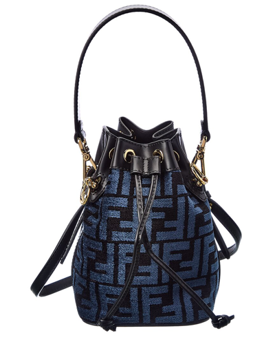 Shop Fendi Mon Tresor Mini Ff Tapestry & Leather Bucket Bag In Blue