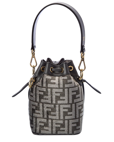 Shop Fendi Mon Tresor Mini Ff Tapestry & Leather Bucket Bag In Grey