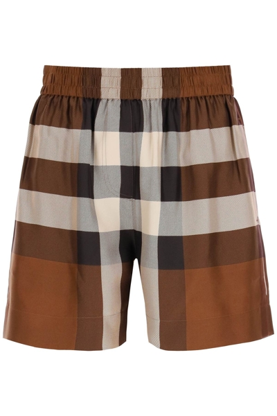 Shop Burberry Exploded Check Silk Shorts In Brown