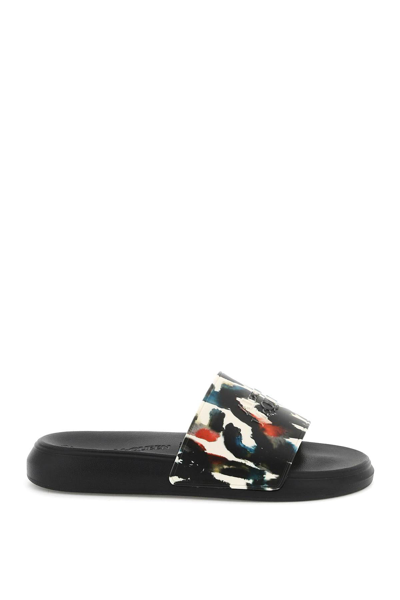 Shop Alexander Mcqueen Watercolor Print Rubber Slides In Black,white