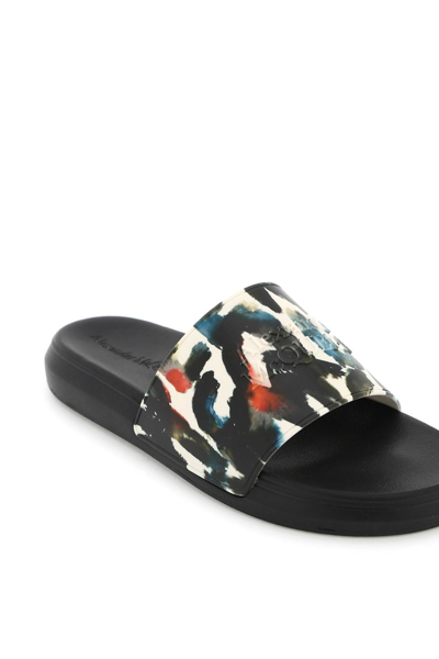 Shop Alexander Mcqueen Watercolor Print Rubber Slides In Black,white