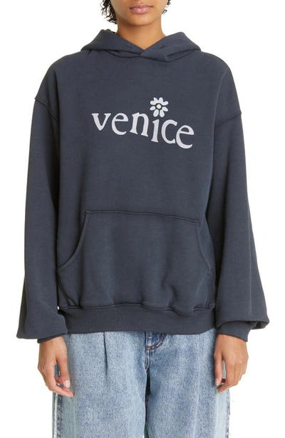 Shop Erl Venice Be Nice Oversize Cotton Blend Hoodie In Black