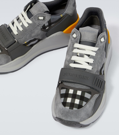 Shop Burberry Checked Canvas And Suede Sneakers In Storm Grey Ip Check