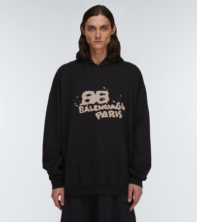 Shop Balenciaga Logo Cotton Hoodie In Black/ecru