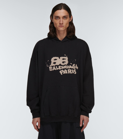 Balenciaga Dirty Oversize Bb Logo Cotton Hoodie In Black/ecru