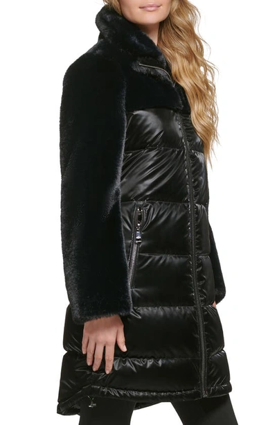 Shop Karl Lagerfeld Lacquer Water Resistant Faux Fur Trim Puffer Jacket In Black