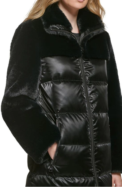 Shop Karl Lagerfeld Lacquer Water Resistant Faux Fur Trim Puffer Jacket In Black