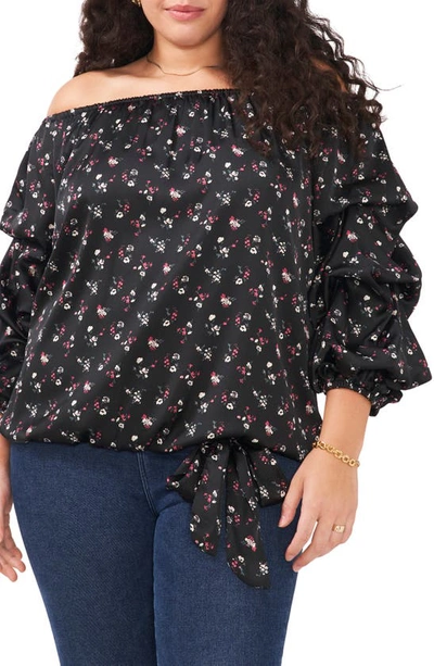 Shop Vince Camuto Floral Off The Shoulder Tiered Sleeve Satin Top In Rich Black