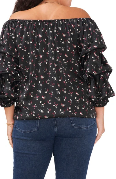 Shop Vince Camuto Floral Off The Shoulder Tiered Sleeve Satin Top In Rich Black