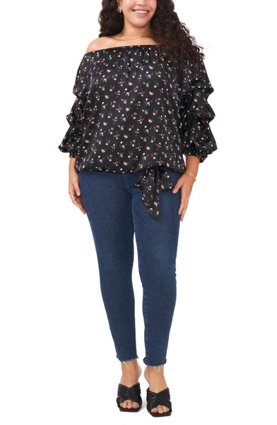 Shop Vince Camuto Floral Off The Shoulder Tiered Sleeve Satin Top In Rich Black