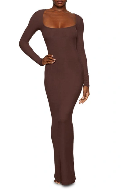 Shop Skims Soft Lounge Long Sleeve Dress In Cocoa