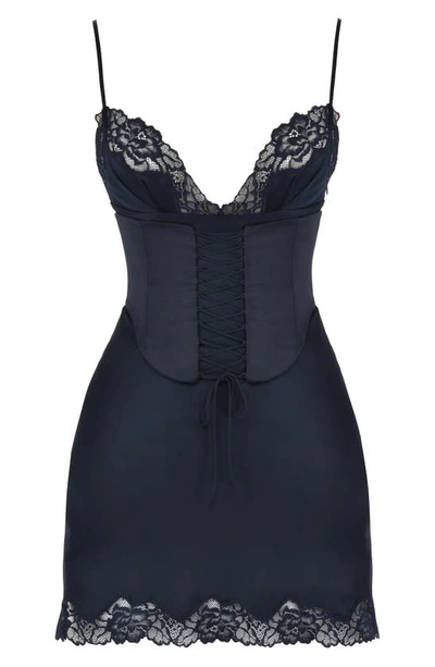House Of Cb Soraya Lace Trim Satin Minidress With Detachable Corset In Navy