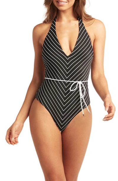 Shop Sea Level Vee Stripe Halter Neck One-piece Swimsuit In Black