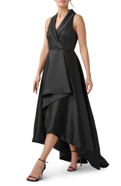 Shop Adrianna Papell Tuxedo High-low Satin Gown In Black