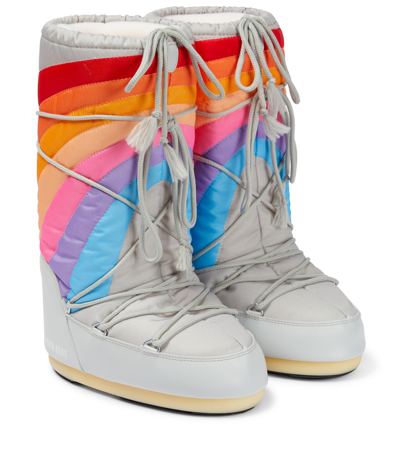 Moon Boot Icon Rainbow Printed Shell And Faux Leather Snow Boots In Glacier/blue-red