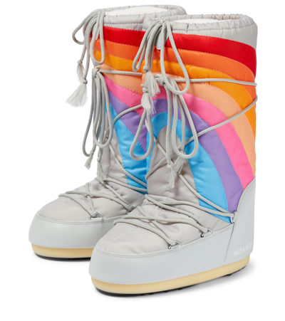 Moon Boot Icon Rainbow Printed Shell And Faux Leather Snow Boots In Glacier/blue-red