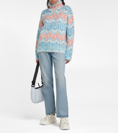 Shop Moncler Jacquard Mohair And Wool-blend Sweater In Light Blue White Orange