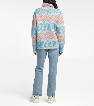 Shop Moncler Jacquard Mohair And Wool-blend Sweater In Light Blue White Orange