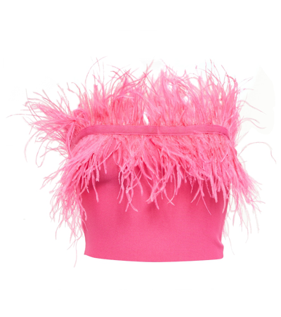 Shop Staud Nellie Feather-trimmed Knit Crop Top In Shock Pink