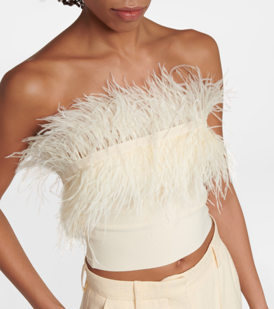 Shop Staud Nellie Feather-trimmed Knit Crop Top In Ivory