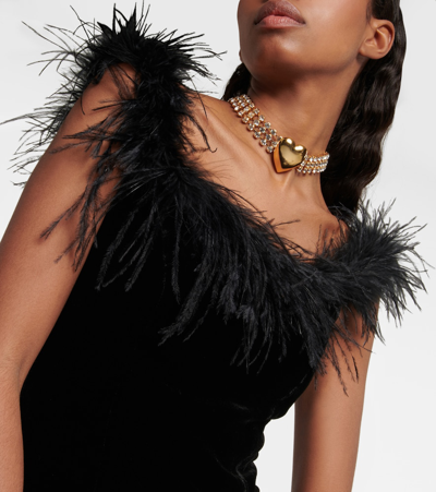 Shop Rixo London Lena Feather-trimmed Velvet Minidress In Black