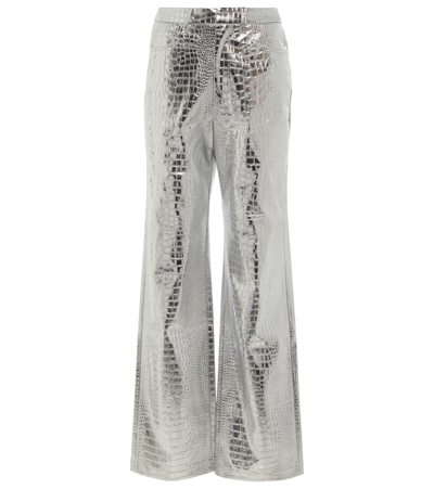 Shop Rotate Birger Christensen Croc-effect High-rise Straight Pants In Silver