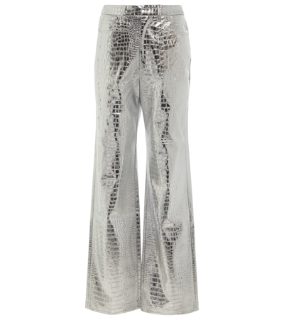 Rotate Birger Christensen Rotie Metallic Croc-effect Coated Faux Leather Wide-leg Pants In Silver