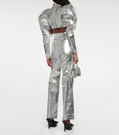 Shop Rotate Birger Christensen Croc-effect High-rise Straight Pants In Silver