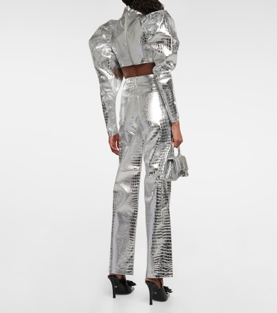 Rotate Birger Christensen Rotie Metallic Croc-effect Coated Faux Leather Wide-leg Pants In Silver