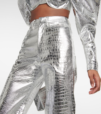 Rotate Birger Christensen Rotie Metallic Croc-effect Coated Faux Leather Wide-leg Pants In Silver