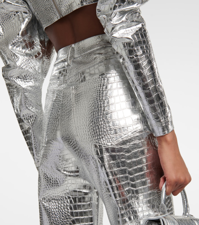 Rotate Birger Christensen Rotie Metallic Croc-effect Coated Faux Leather Wide-leg Pants In Silver
