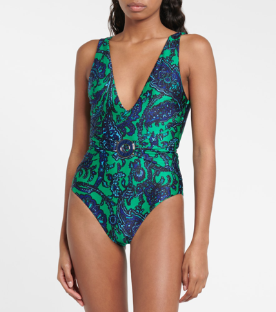 Shop Zimmermann Tiggy Paisley Swimsuit In Navy/green Paisley