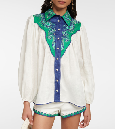 Shop Zimmermann Printed Linen Shirt In Ivory/blue/green
