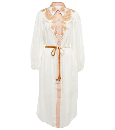 Shop Zimmermann Laurel Embroidered Linen Shirt Dress In Ivory/mustard/pink
