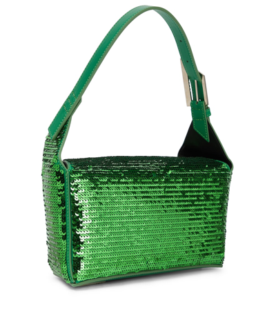 Shop Attico 7/7 Sequined Leather Shoulder Bag In Mint