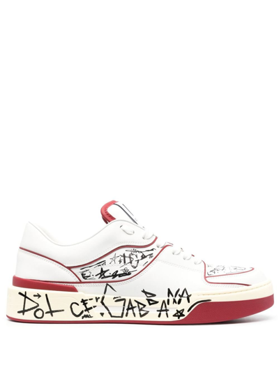 Shop Dolce & Gabbana New Roma Graffiti Print Leather Sneakers - Men's - Calf Leather/rubber In White