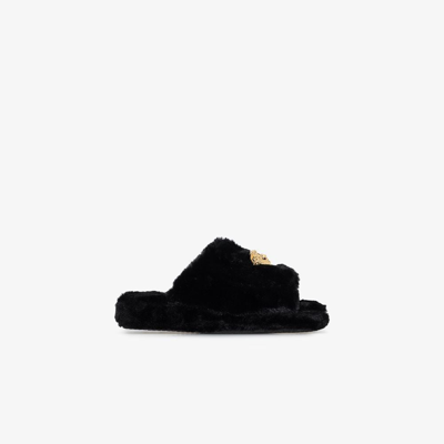 Shop Versace Icon Faux-fur Slippers In Black
