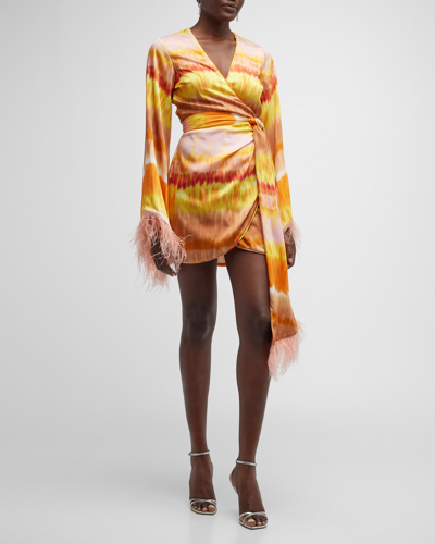 Shop Alexis Viona Feather-trim Mini Wrap Dress In Sunset