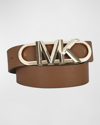 Shop Michael Kors Logo Buckle Leather Waist Belt In Luggage/gold