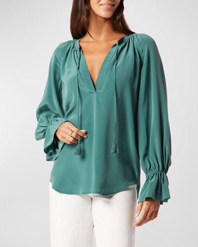 Shop Joie Cecarina Ruched Bell-sleeve Tassel Top In Posy Green