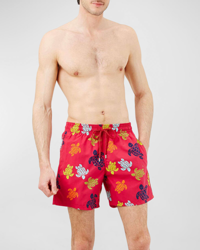 Shop Vilebrequin Men's Moorea Sand Turtles Swim Trunks In Bourgogne