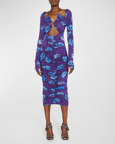 Shop Versace Jeans Couture Twig Print Halter Midi Dress In Violet