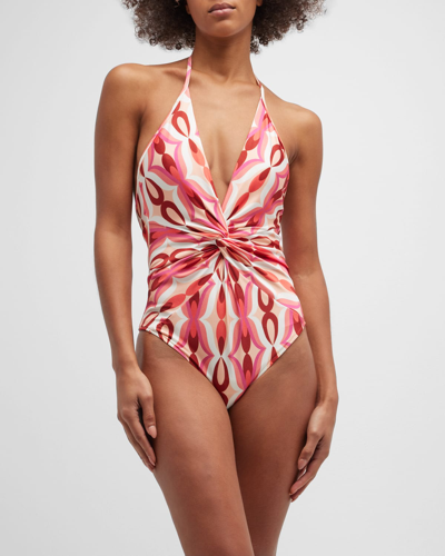 Shop Patbo Tropicalia Plunge Halterneck Swimsuit In Harbour Pink