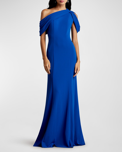 Shop Tadashi Shoji Knotted One-shoulder Crepe Gown In Mystic Blue