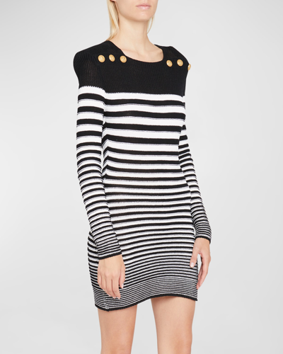 Shop Balmain Striped Knit Mini Dress W/ Shoulders Pads In Blk/white