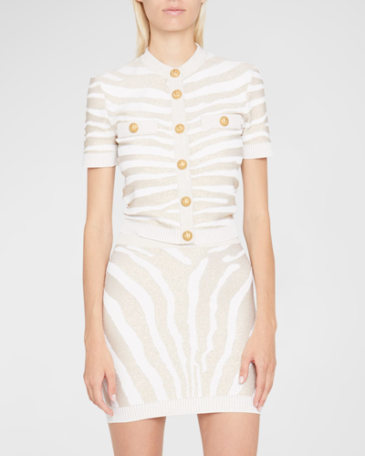 Shop Balmain Golden Zebra Knit Short Cardigan In White Multi
